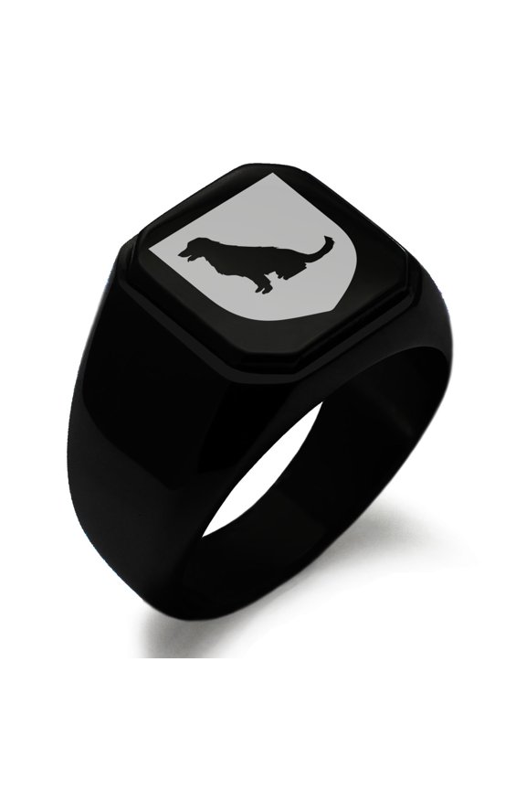 Stainless Steel Dog Loyalty Coat of Arms Shield Engraved Square Flat Top Biker Style Polished Signet Ring