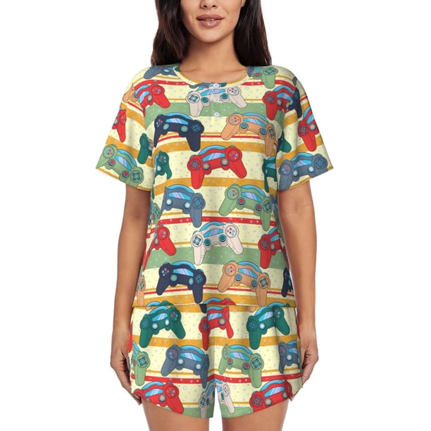 Fotbe Retro With Joysticks Conjunto de Pijama Estampado para Mujer, 2 Piezas, Ropa de Dormir con Camiseta de Manga Corta y Shorts Suaves-X-Large