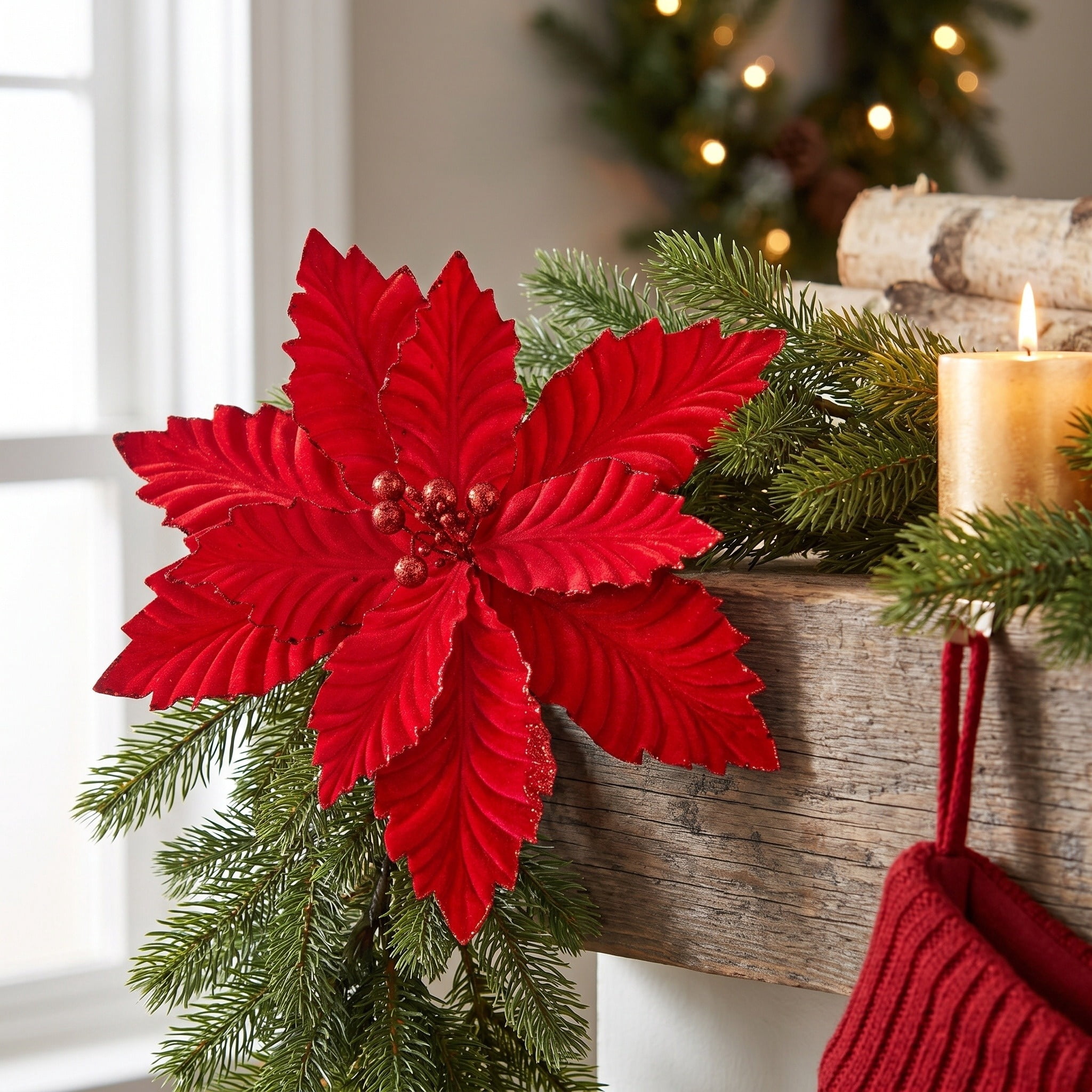Red Velvet Poinsettia Christmas Clip Ornament, 17", by Holiday Time