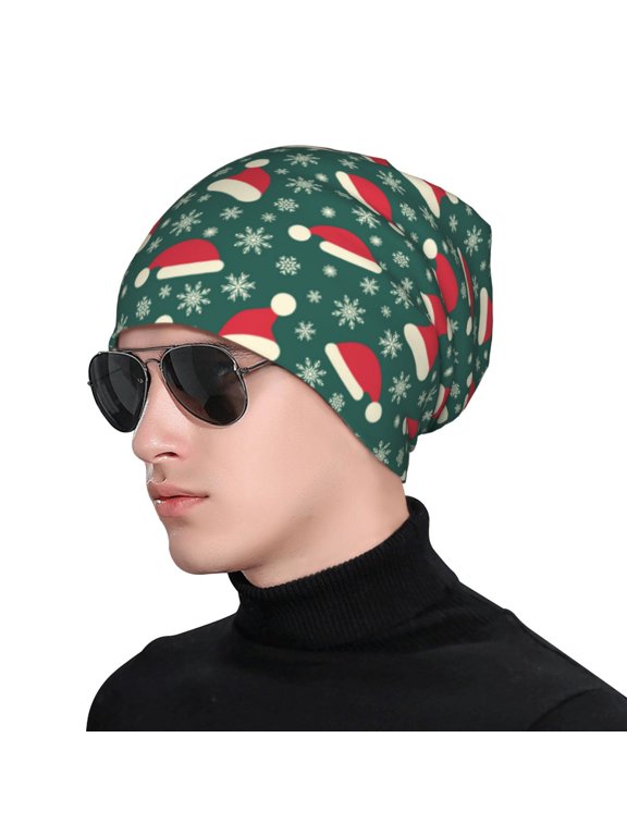 Santa Hat Joy Green Festive Print Beanie Knitted Hat for Men Women, Winter Fashion Knit Cuffed Caps Unisex