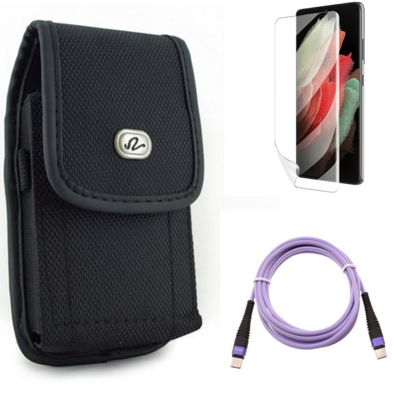 Matte Screen Protector & Purple 10ft PD Cable & Case Belt Clip for Samsung Galaxy S22 Plus (S22 ) - Combo TPU Film Anti-Glare & Type-C to USB-C Fast Charger Cord Extra Long & Rugged Holster