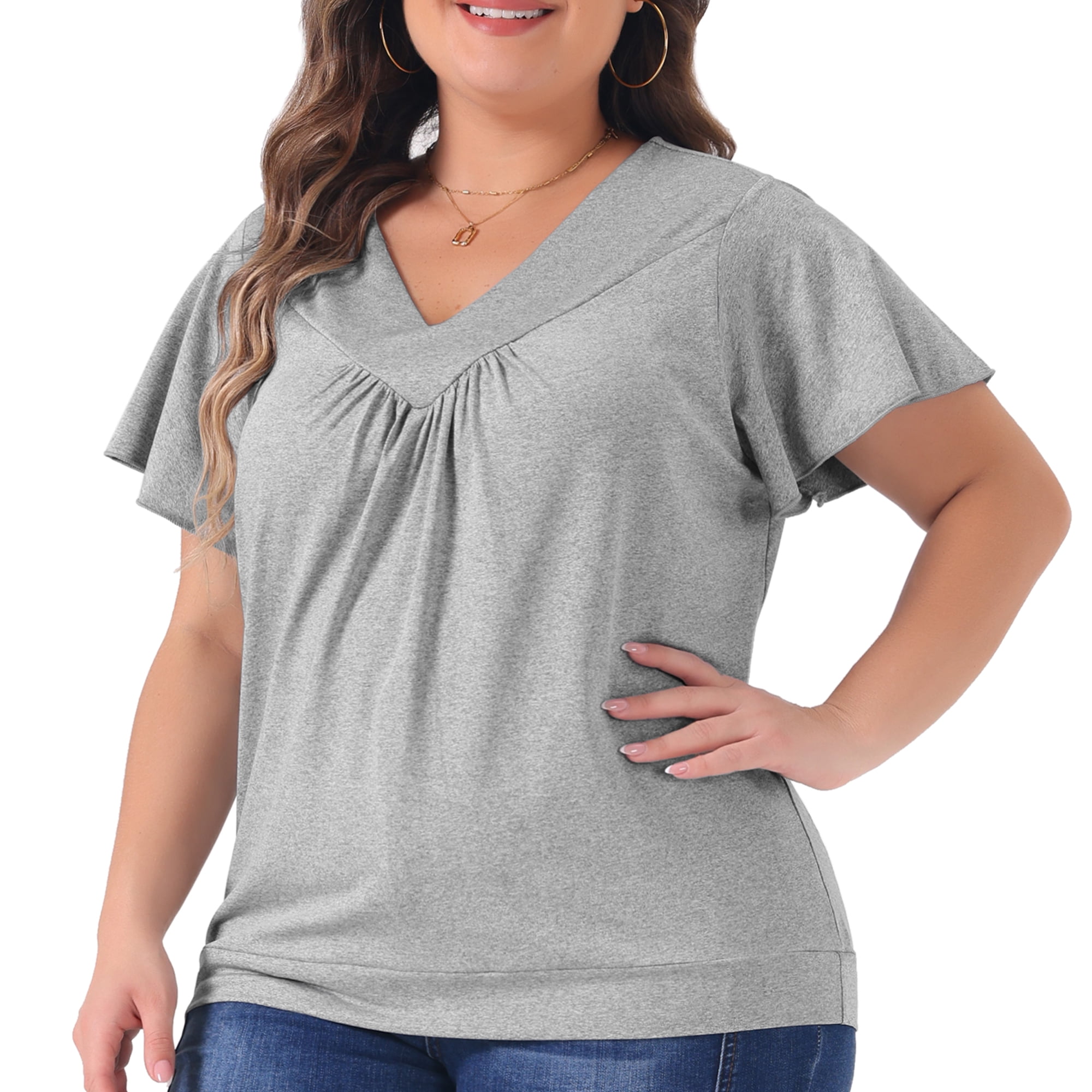DARING DIVA Women's Plus V Neck Ruffle T Shirt Tee Tops 1X Grey