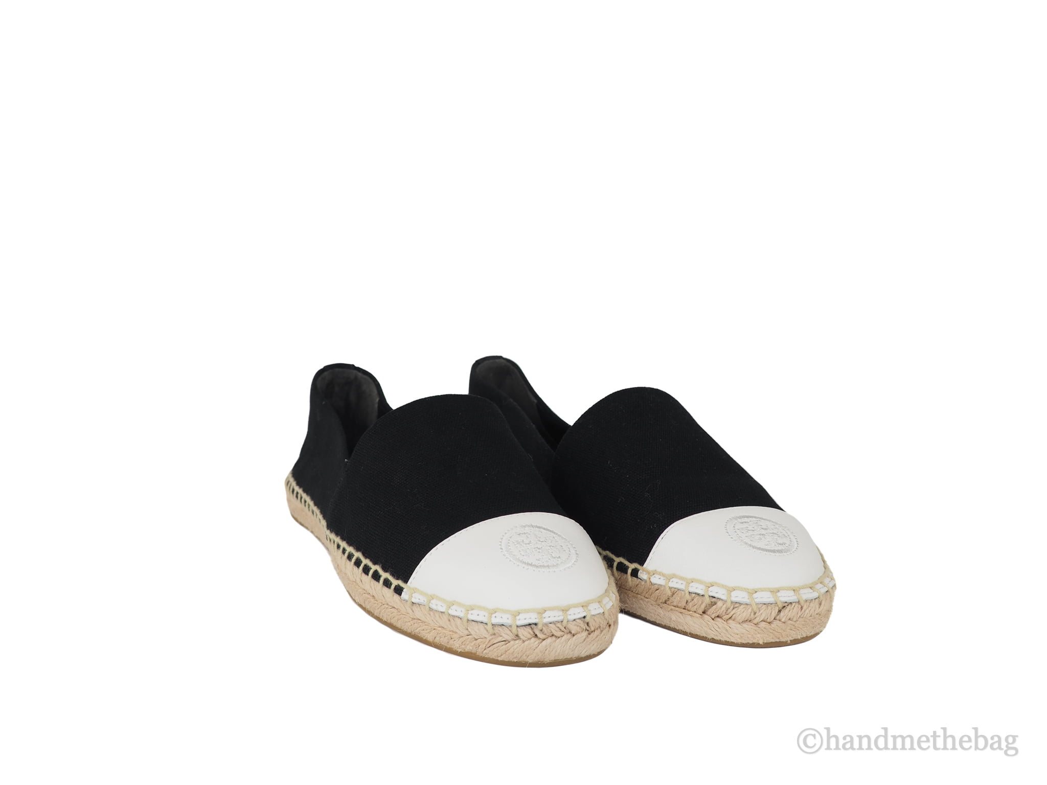 Tory Burch (86325) Recycled Canvas & Nappa Leather Color Block Flat  Espadrille Slip On Shoes (US 6; Perfect Black/White) 