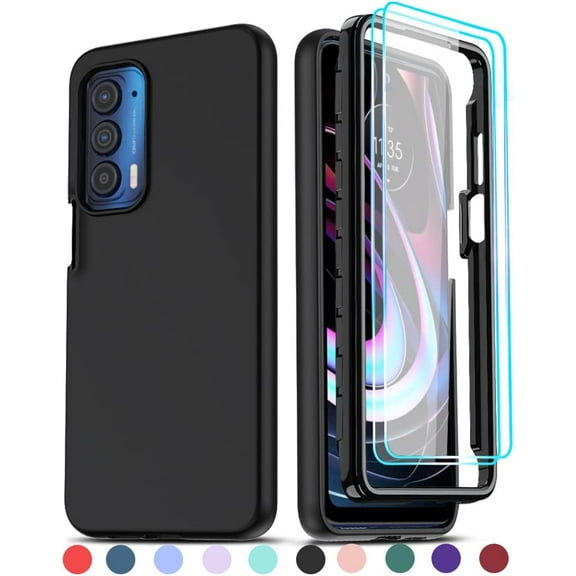 for Motorola Edge 2021 Case, Motorola Edge 5G UW Case with [2 x Tempered Glass Screen Protector], Full-Body Shockproof Soft Silicone Phone Cover Case for Moto Edge 2021, Black