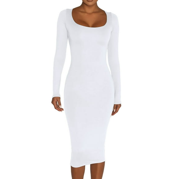 cfhntfmh Bodycon Dresses for Women Slim Scoop Neck Long Sleeve Midi Dress Stretchy Party Clubwear Dress