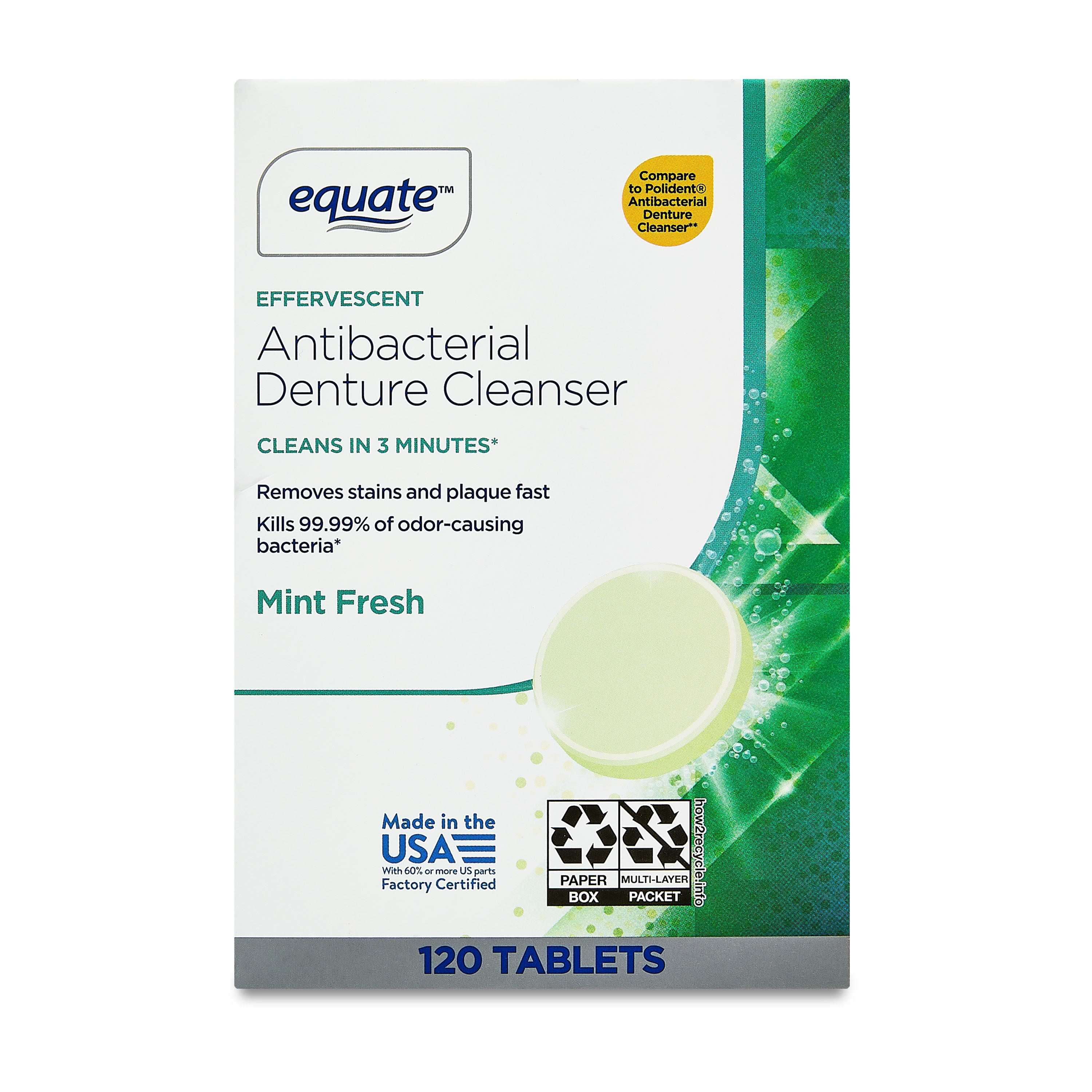 Equate Effervescent Antibacterial Denture Cleanser Tablets, Mint Fresh, 120 Count, 2 Pack