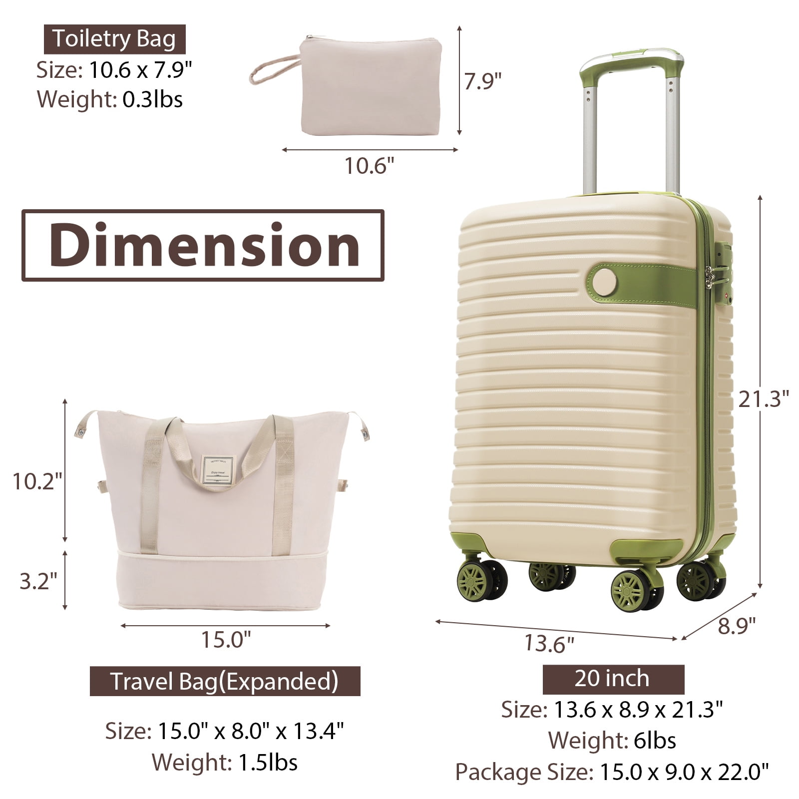 Luggage Sets 3 Piece Carry on Luggage 22x14x9 Airline Approved, Lightweight Hardshell ABS Suitcases with Wheels, 20 inch, White Green