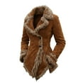 thumbnail image 3 of Women's Retro Suede Coat, Fur Collar Lapel Jacket, Plush Trim Edge Design, Double Long Coat, Vintage Style Winter Outerwear, Warm Fuzzy Lined Overcoat Brown XXXL, 3 of 8