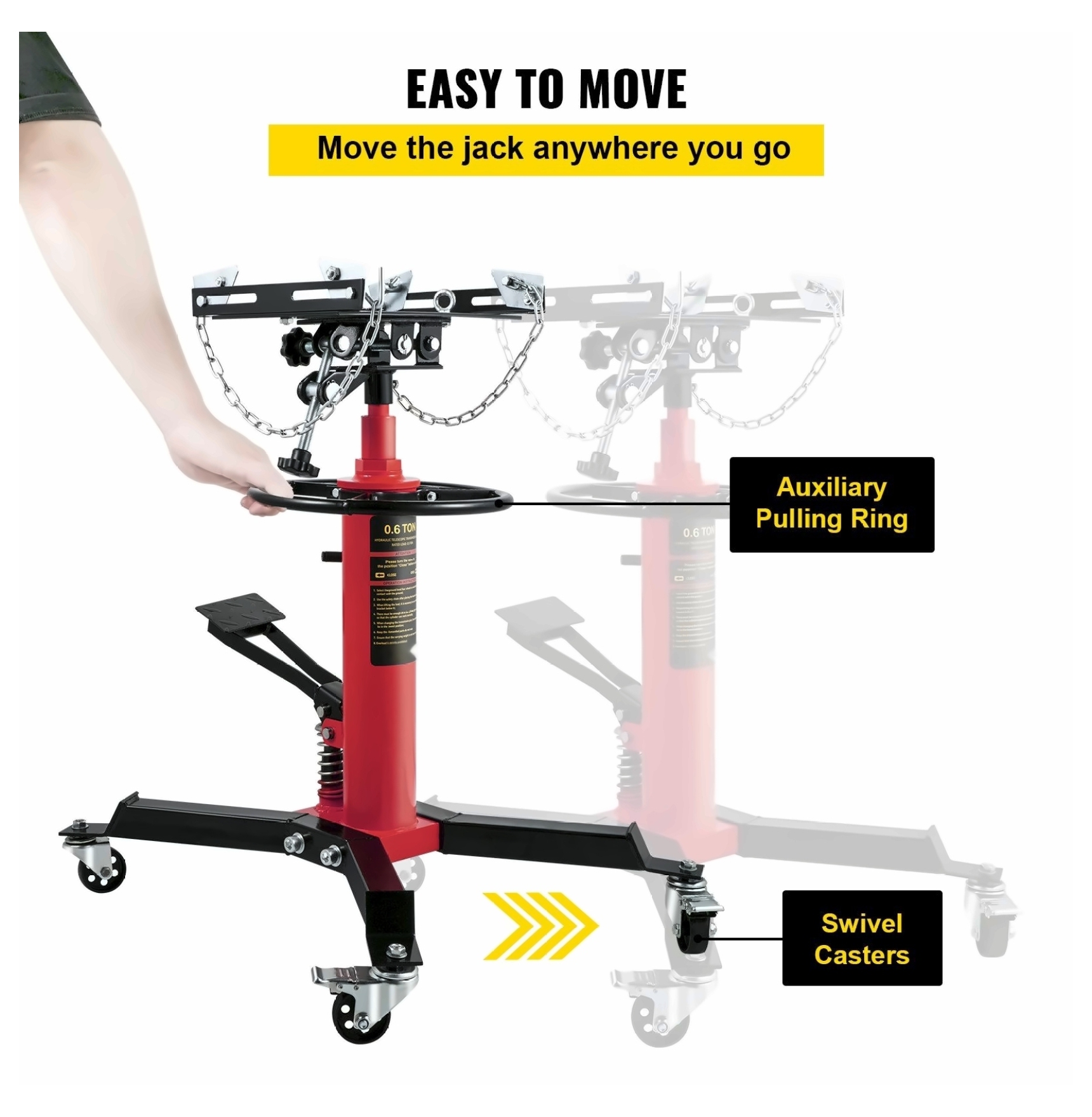 Transmission Jack 3/5 Ton 1322LBS Hydraulic Telescopic Jack, 2-Stage Floor Jack Stand, 360° Swivel Wheel, Red