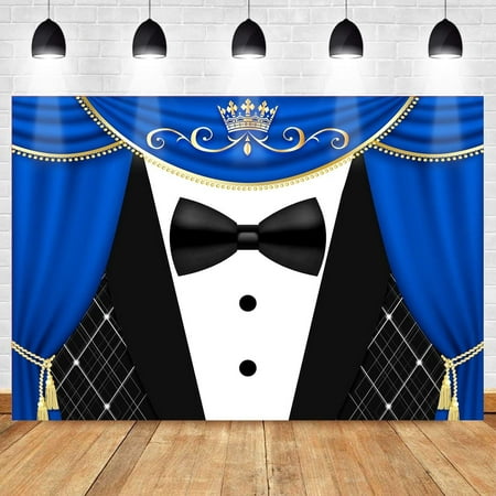 Image of MEETSIOY Black Tuxedo Backdrop for Father s Day Decorations Crown Gentleman Photo Background Blue Curtain Studio Prop