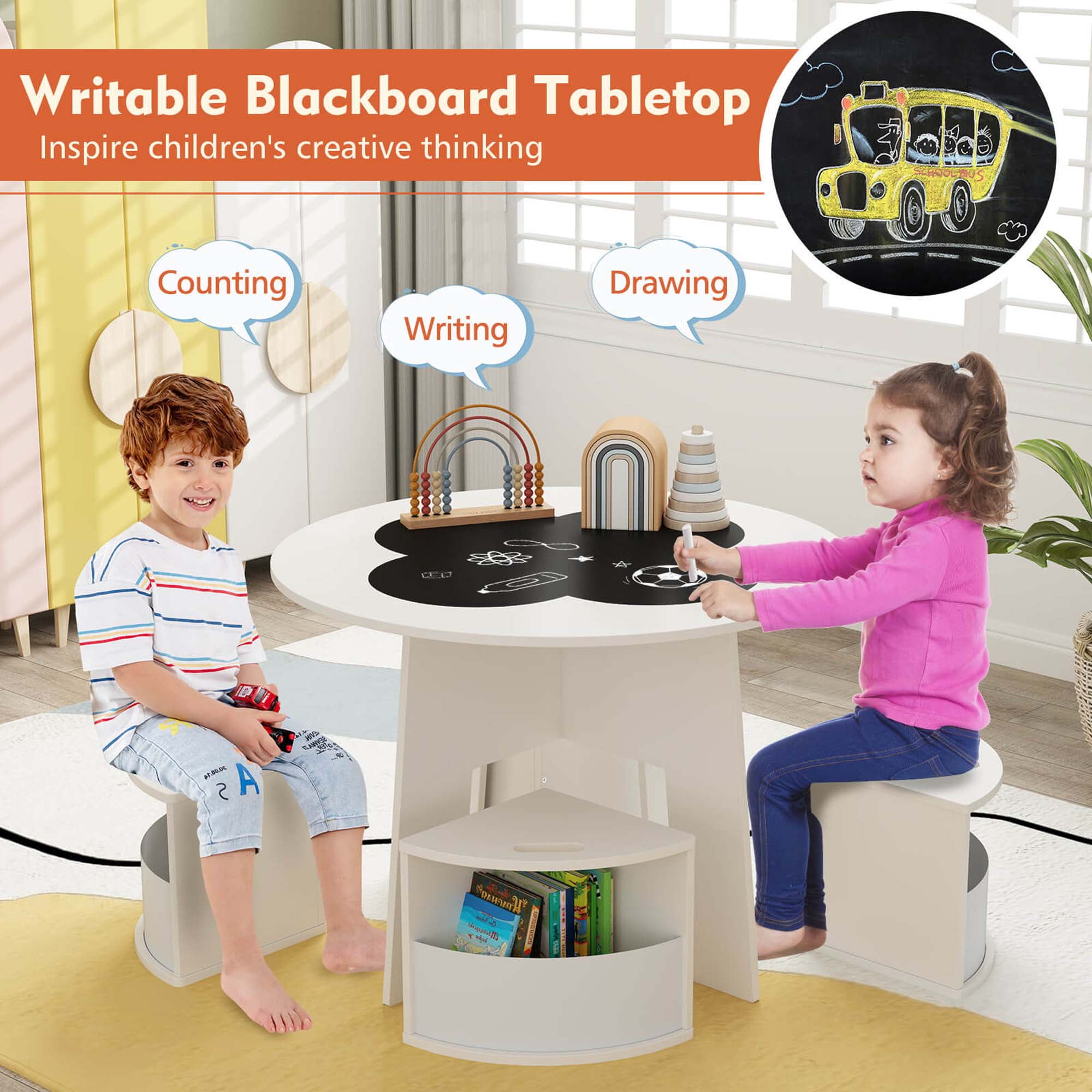 Costway 5 PCS Kids Table and Chair Set with Writable Blackboard Desktop Toddler Table