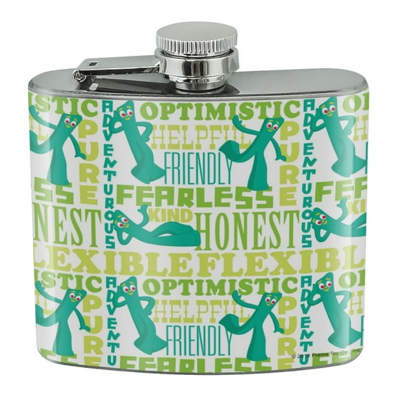 Gumby Traits Flexible Optimistic Friendly Pure Fearless Helpful Pattern Stainless Steel 5oz Hip Drink Kidney Flask