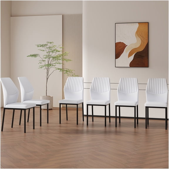 JERFIT Modern Dining Chairs Set of 6, White PU Leather Upholstered Side Chairs with Black Metal Legs for Kitchen, Dining Room