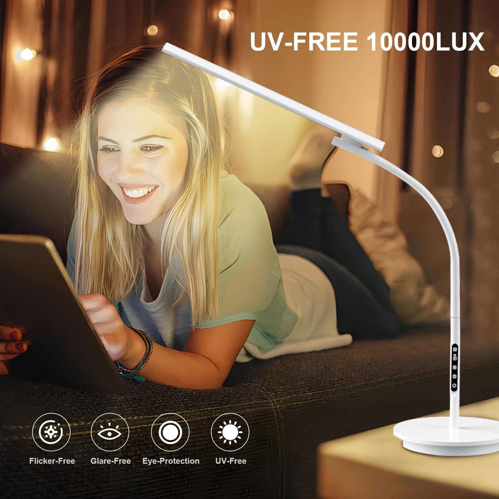 Light Therapy Lamp, UV-Free 10000 Lux Sun Lamp, Daylight Lamp with 2 in 1 Floor & Desk Lamp, 5 Brightness & 5 Color with Touch Control & Remote for Reading/Relaxing/Study