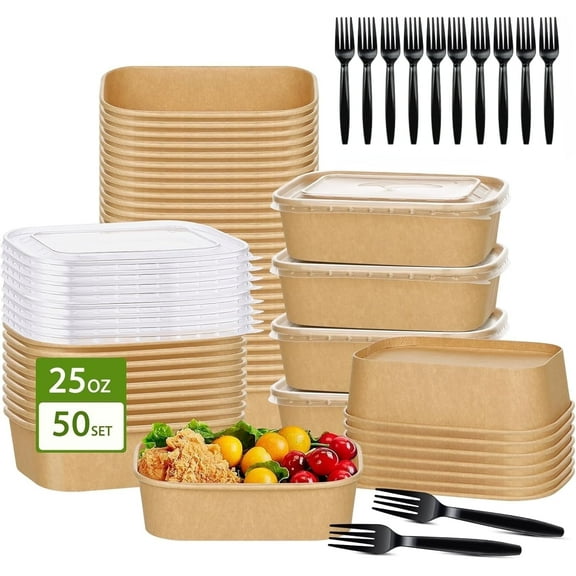 SITIEDAN 50-Count 25oz Kraft Paper Rectangular Disposable Paper Bowls, Disposable Food Containers with Lids and Forks, Bowls with Lids for Salad