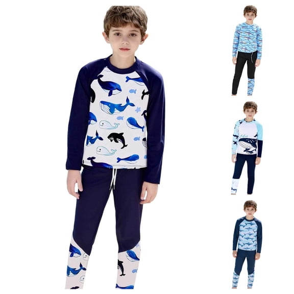 Einccm Boys' Long Sleeve Swimwear Set for 3-14 Years, UPF Sun Protection Split-Body Swimsuits with Cartoon Shark Sea Print, Adjustable Drawstring Pants for Swimming Surfing Diving Beach Pool
