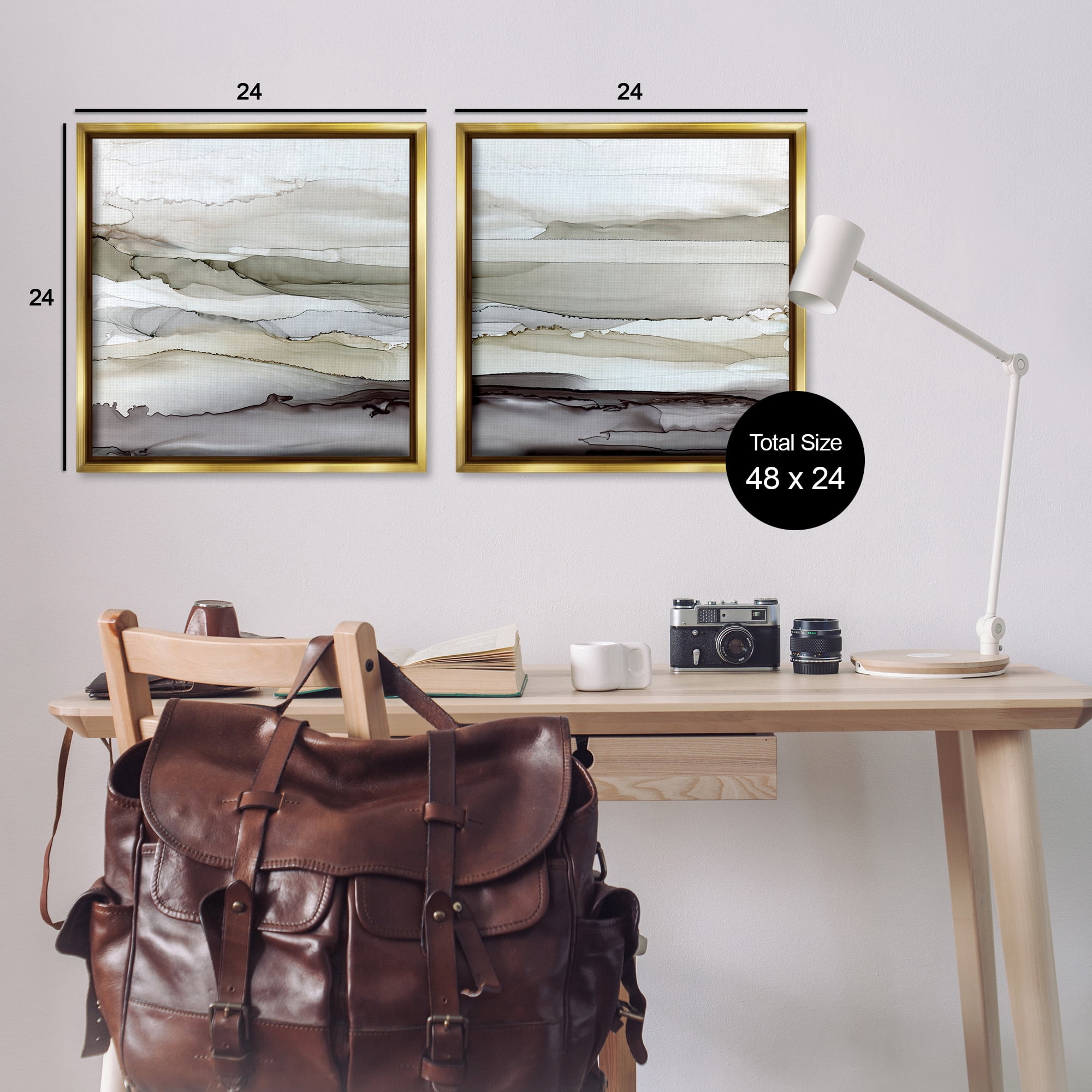 Stupell Industries Abstract Watercolor Wave Interpetation Abstract Painting Gold Floater Framed Canvas Art Print Wall Art, 25 x 25, Set of 2