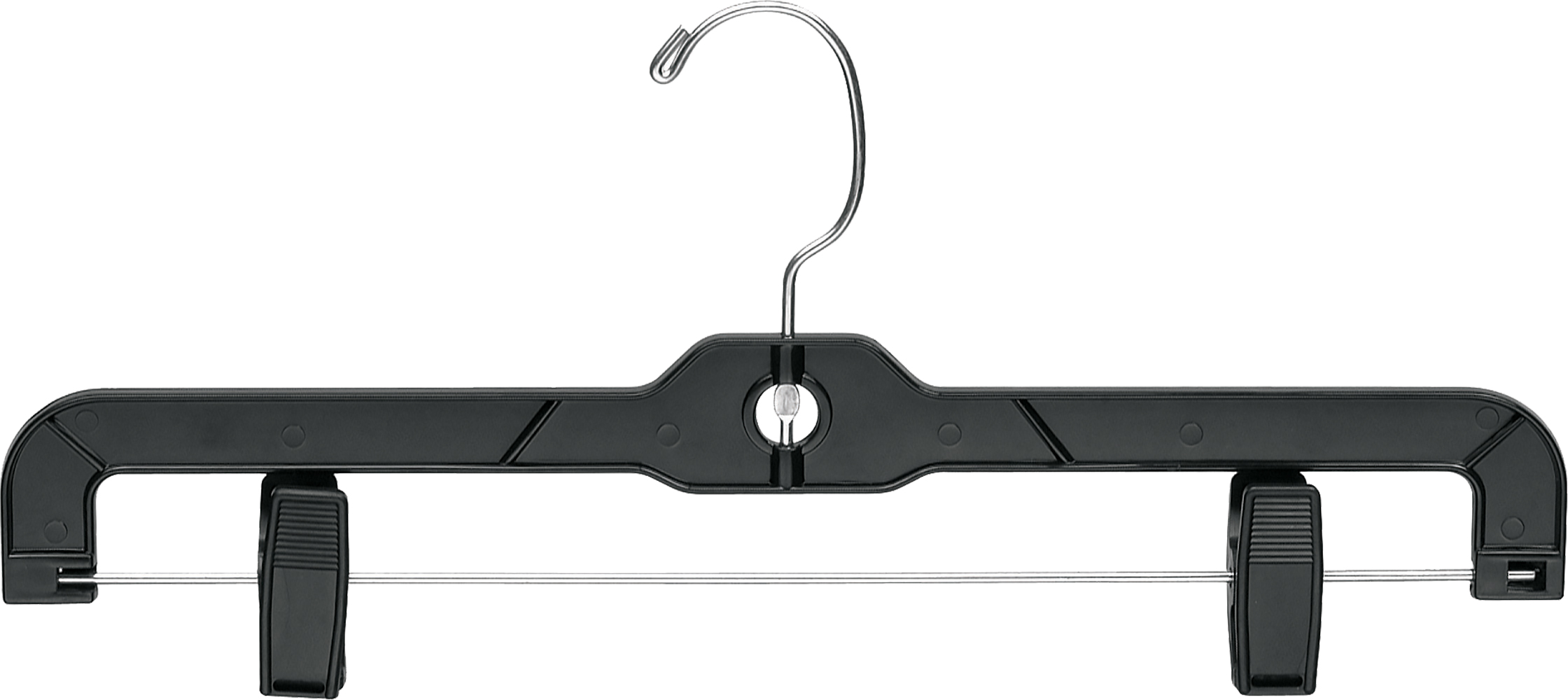 Black Plastic Bottom Hanger with Adjustable Clips and Chrome Swivel