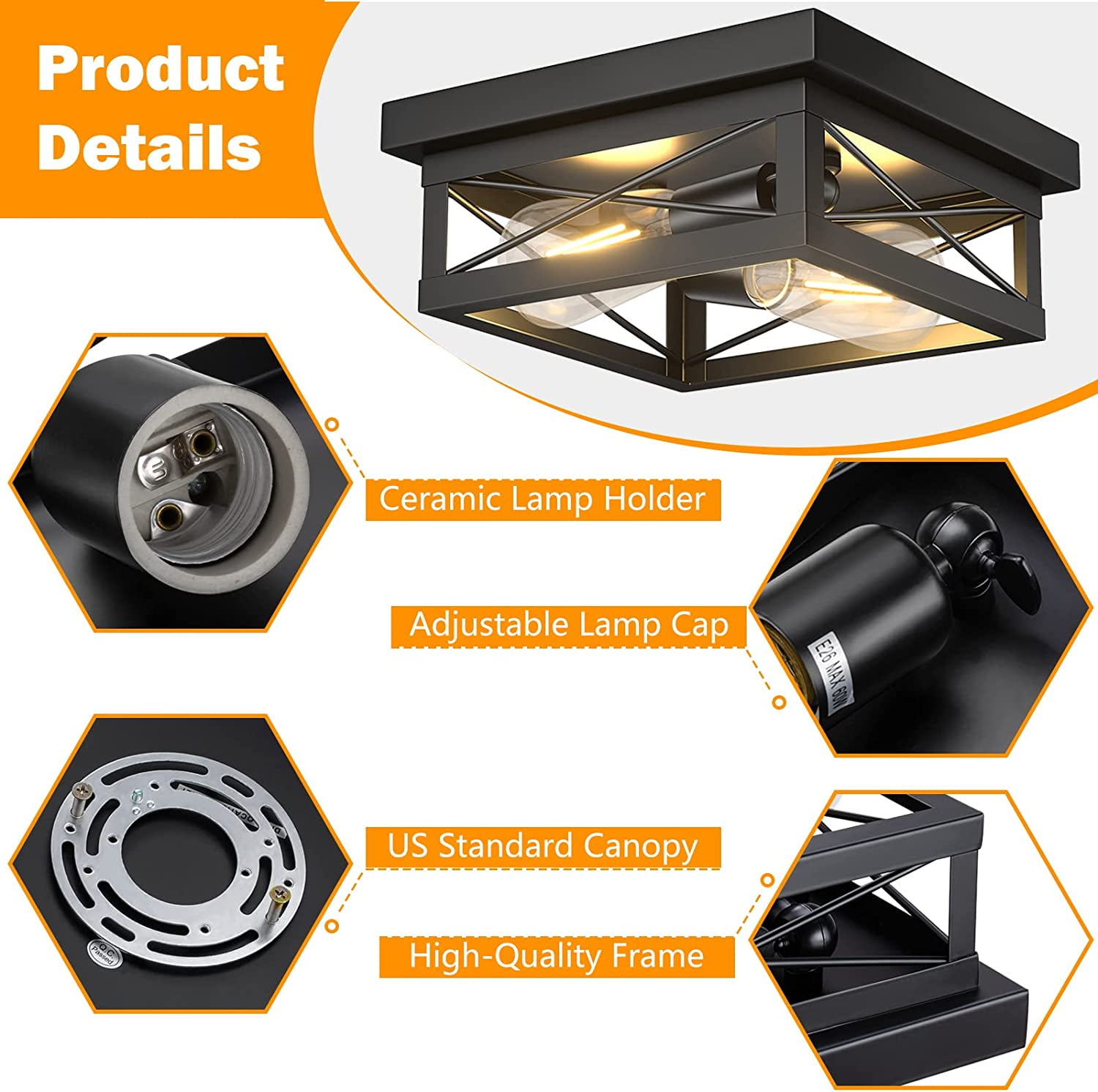 2 Light Rustic Farmhouse Flush Mount Ceiling Light Industrial Metal Light Fixture for Hallway Bedroom Kitchen, Oil Rubbed Black
