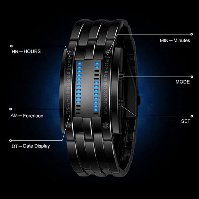 Orologio Digitale Binary Matrix A LED Blu – Design Futuristico Con Vetro Minerale E Impermeabile 30m, Unisex