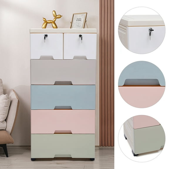 Dwellnix Plastic Drawers Dresser with 6 Storage Bins, Large Capacity, Stackable Design, Space-Saving Vertical Storage, Two Lockable Drawers for Privacy, Elegant Colors, and Durable PP Material