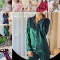 thumbnail image 4 of Fairnull 2Pcs Femmes Automne Couleur Unie Imitation Soie Chemise à Manches Longues Pantalon Pyjama Ensemble, 4 of 8