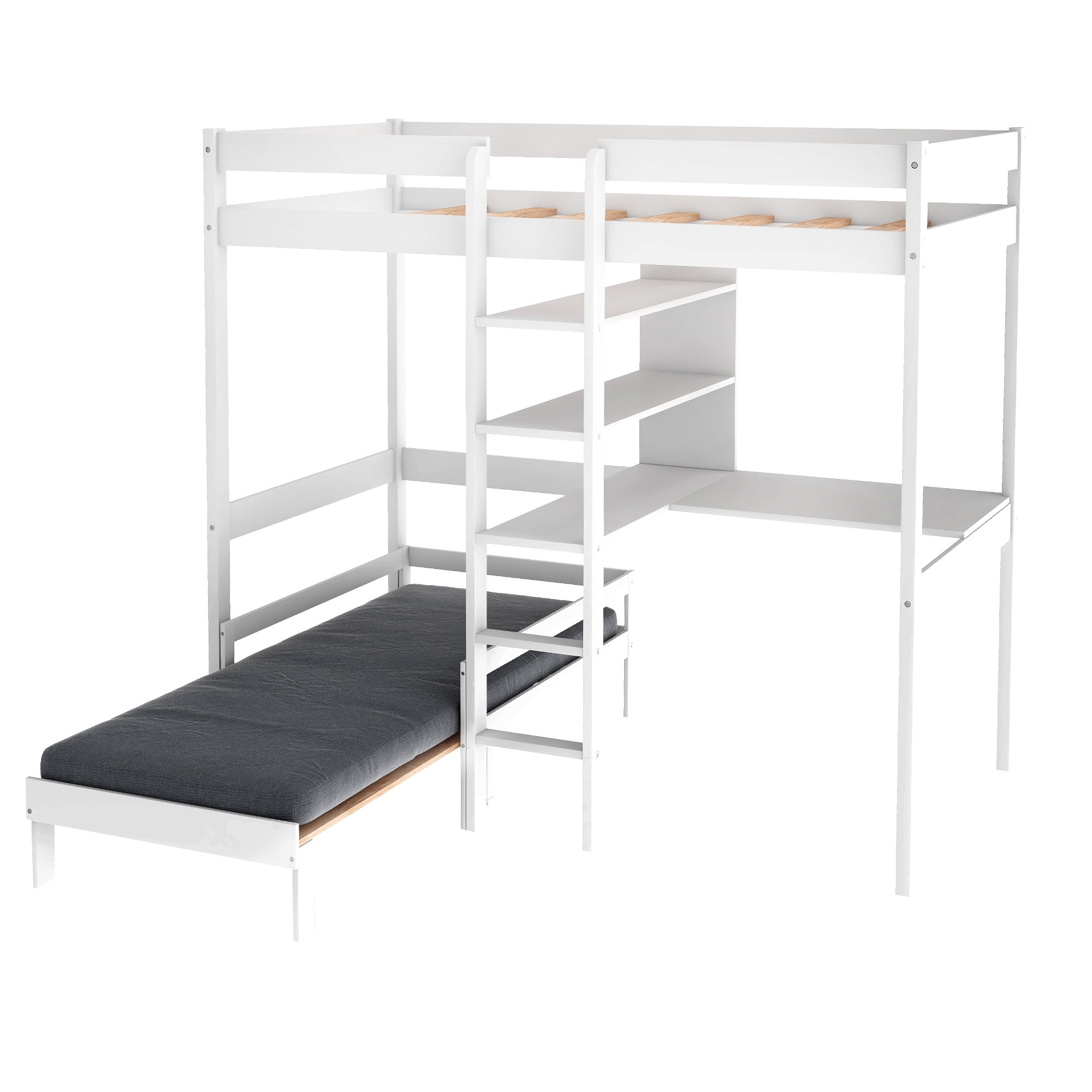 Private Jungle Twin Over Full Wood Folding Loft Bunk Bed w/Corner Desk, Convertible to Square Seat