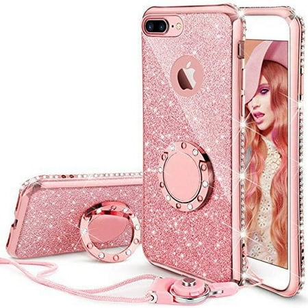 iPhone 7 Plus Case, iPhone 8 Plus Case, Glitter Cute Phone Case Girls with Kickstand, Bling Diamond Rhinestone Bumper Ring Stand Protective Pink iPhone 7 Plus/ 8 Plus Case for Girl Women - Rose Gold