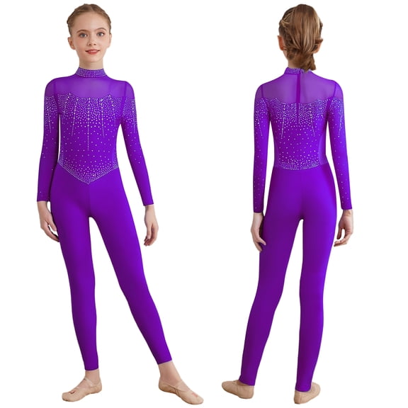 iiniim Girls Full Body Gymnastics Unitard Long Sleeve Dance Leotard Sparkly One Piece Athletic Bodysuit Purple 16
