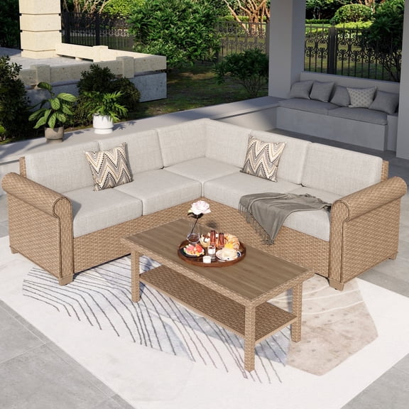 SUMMIT LIVING L-Shape Wicker Outdoor Patio Furniture Set, 5-Seat Outdoor Sectional Conversation Set with Double-Shelving Faux Wood Coffee Table, Beige