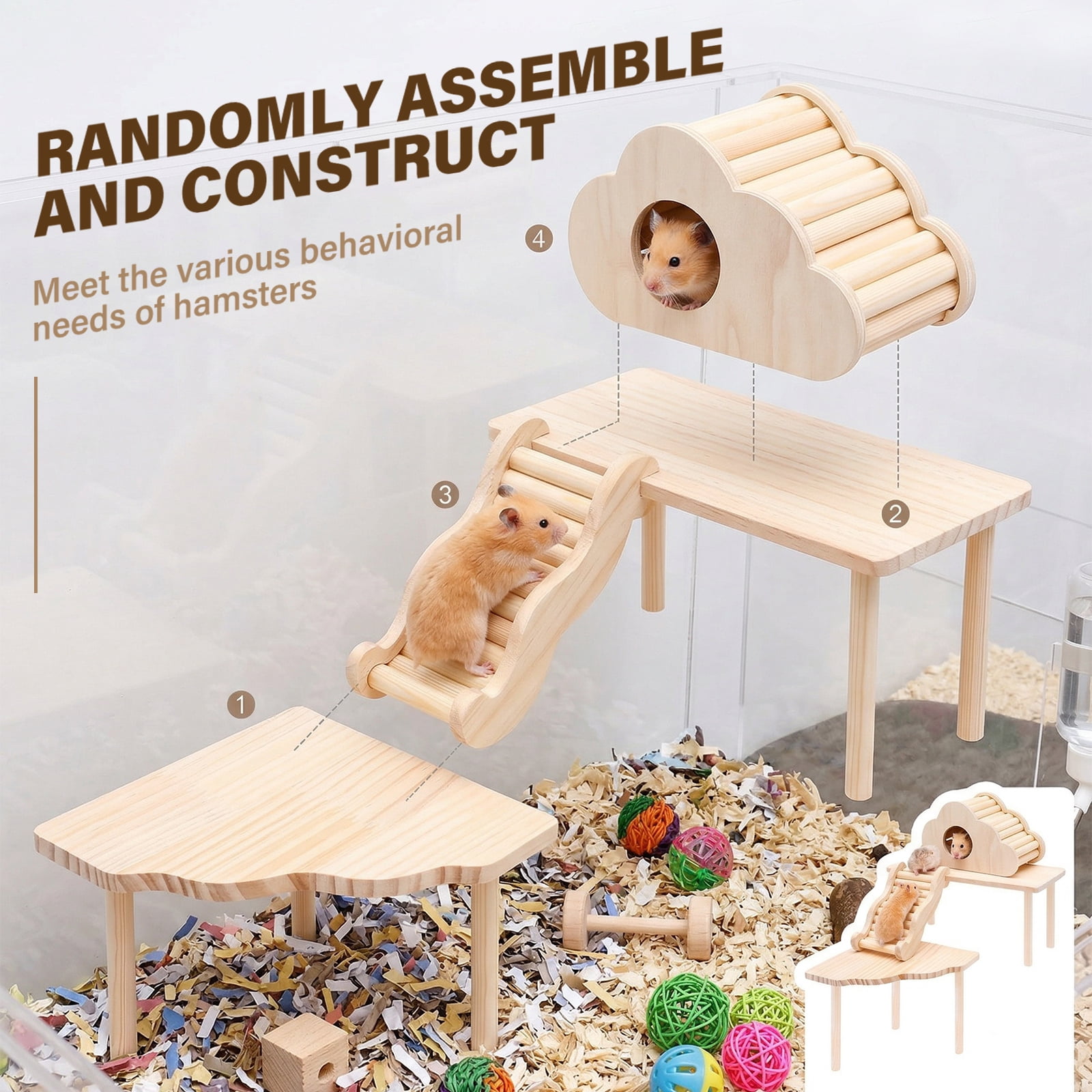 4 Pcs Hamster Platform Hideout Wood Ladder Playhouse Hamster Game Climbing Toy with Platform Cage Accessories for Small Pet