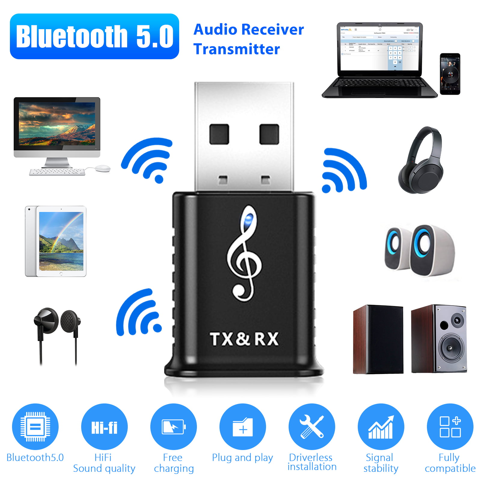 Wireless Audio 2-in-1 Receivers Adapter Car Transmitter Bluetooth 5.0 Adapter 