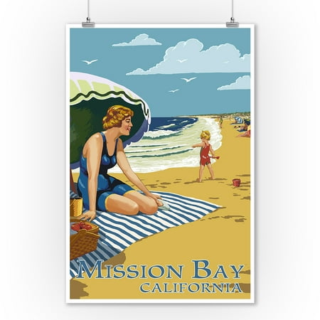 Mission Bay Beaches Mission Bay, California - Woman on the Beach - Lantern Press Poster (9x12 Art Print, Wall Decor Travel Poster) ()