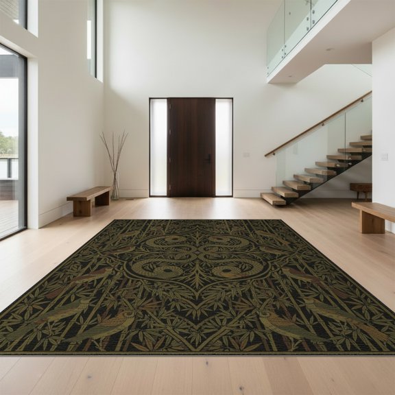 Design&I 8'x10' Washable Area Rug Sleek Flatweave Pet Friendly Antique Serpent Avian Bamboo Design Dark Gold Bronze Decorative for King Size Bedroom, Under Bed