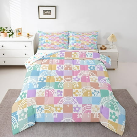 Erosebridal Rainbow Flower Comforter Sets Queen Size Geometric Plaid Bedding Queen Comforter Set Lightweight Reversible Bedding Sets Queen with Comforter Cartoon Decor