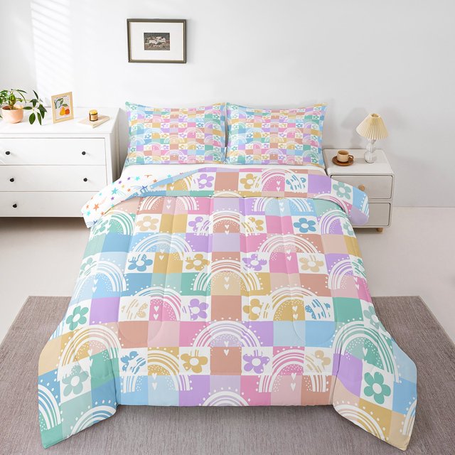 Erosebridal Rainbow Flower Bedding Twin Comforter Set,Geometric Plaid Down Comforter,Lightweight Reversible Bedding Sets Twin with Comforter,Cartoon Decor
