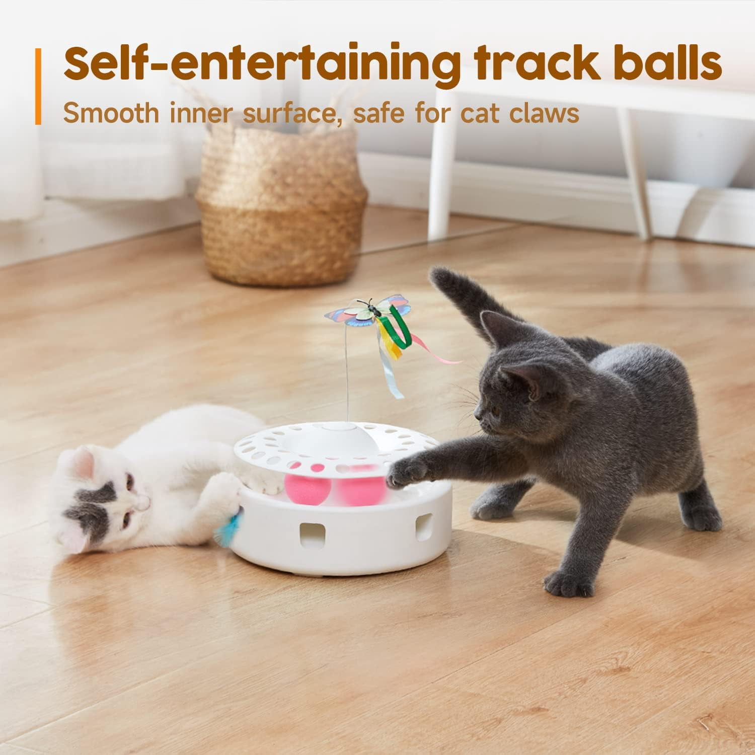Cat Toys 3in1 Automatic Interactive Kitten Toy, Fluttering Butterfly, Moving Feather, Track Balls, Dual Power Supplies, USB Powered, Indoor Exercise Kicker (Bright White)
