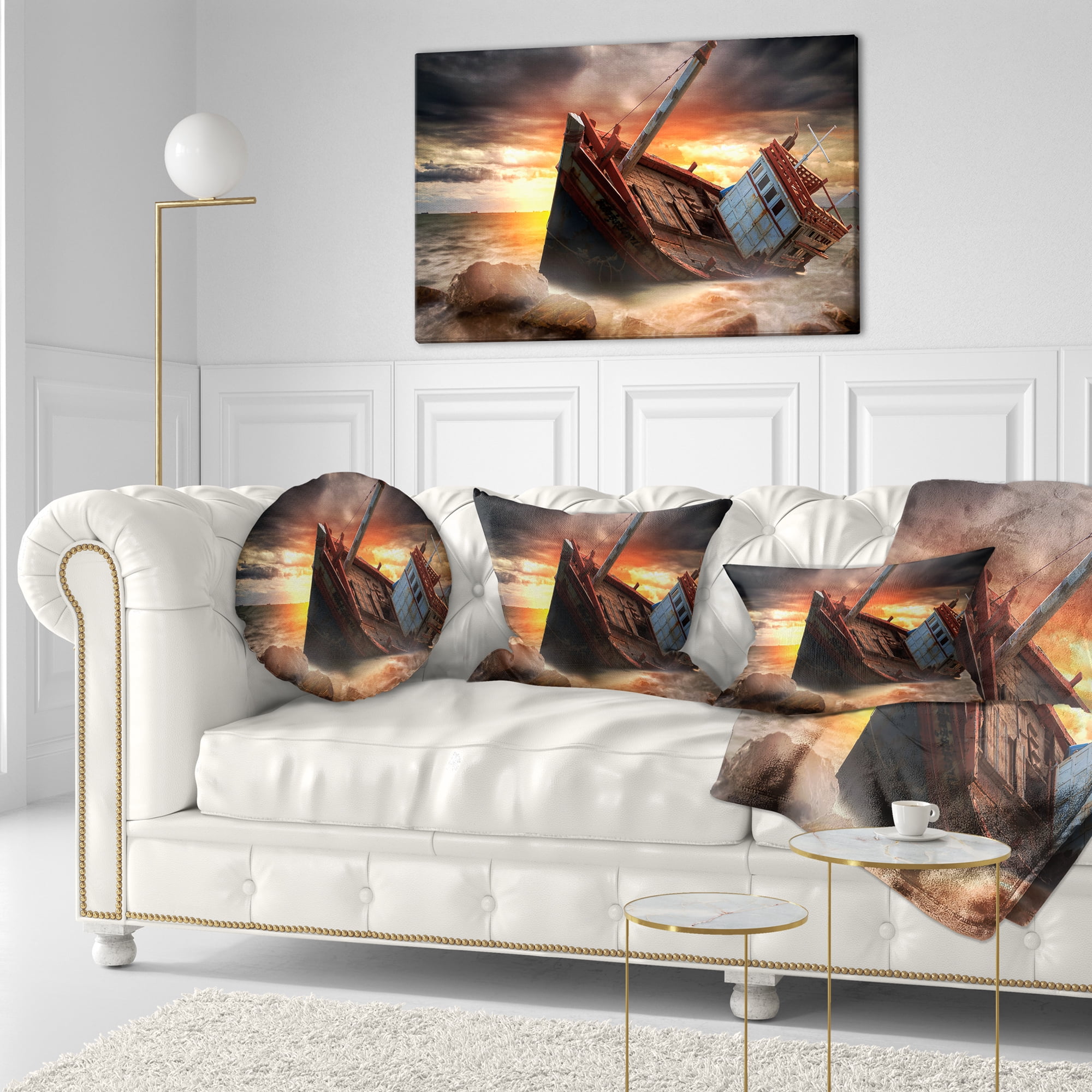 Designart Fishing Boat Beached - Landscape Photography Throw Pillow - 12x20