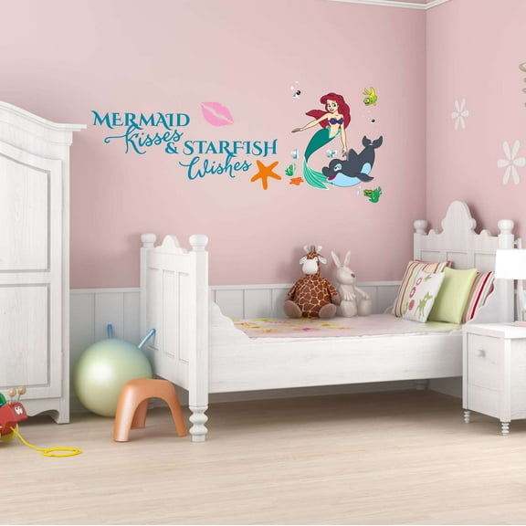 Mermaid Kisses and Starfish Wishes Mermaids Dolphin Creatures Seahorse Princess Fish Starfish Queen Sweet Dreams Bedtime Unicorn Dream Holiday Decorating Wall Decal Sticker Cling - Size: 20 In X 8 In
