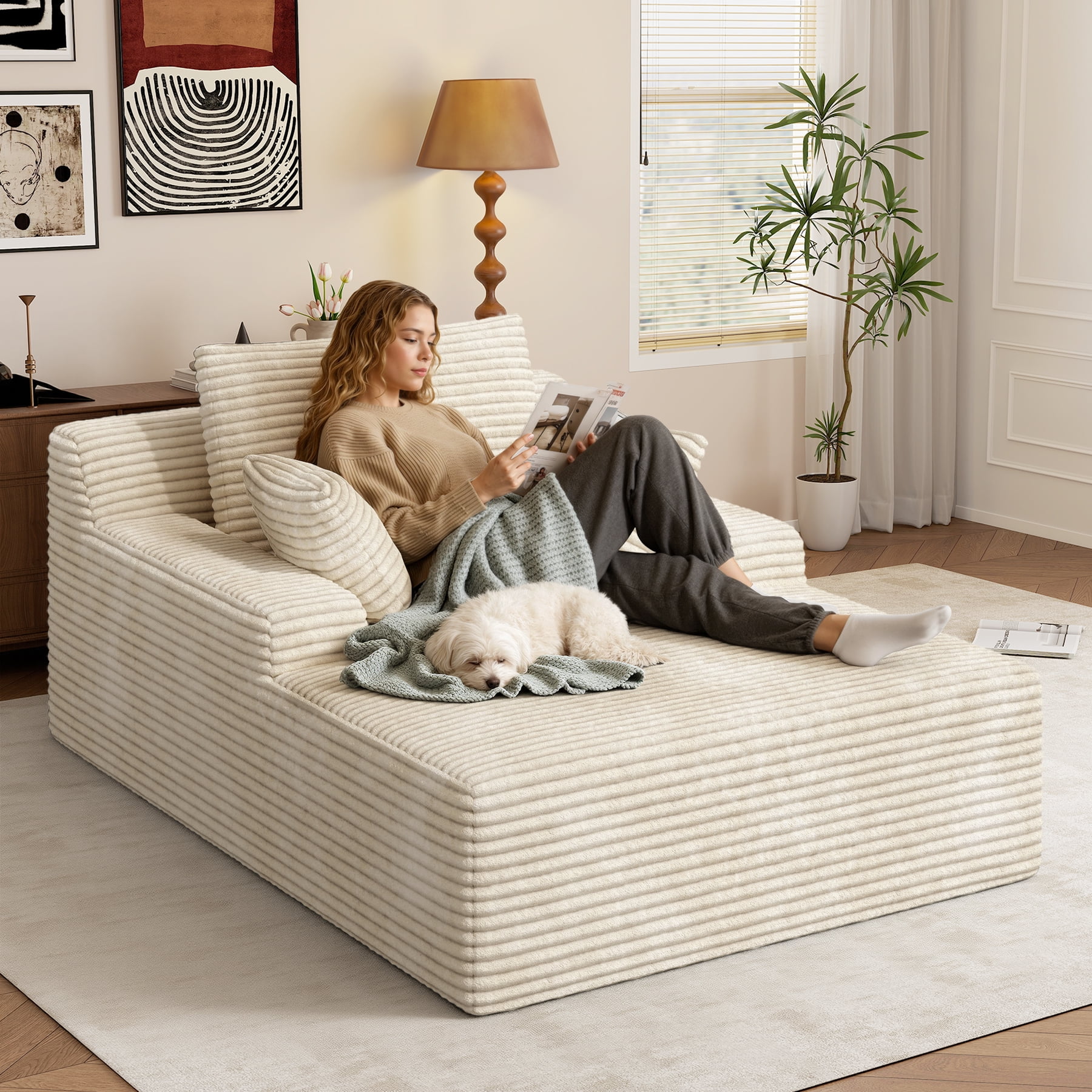 Daluvenix 51 Inch Chaise Lounge Chair Indoor Oversized Corduroy Upholstered Boneless Sofa Bed Deep Seat Sleeper Couch Reading Chairs Cloud Sofas Couches for Living Room