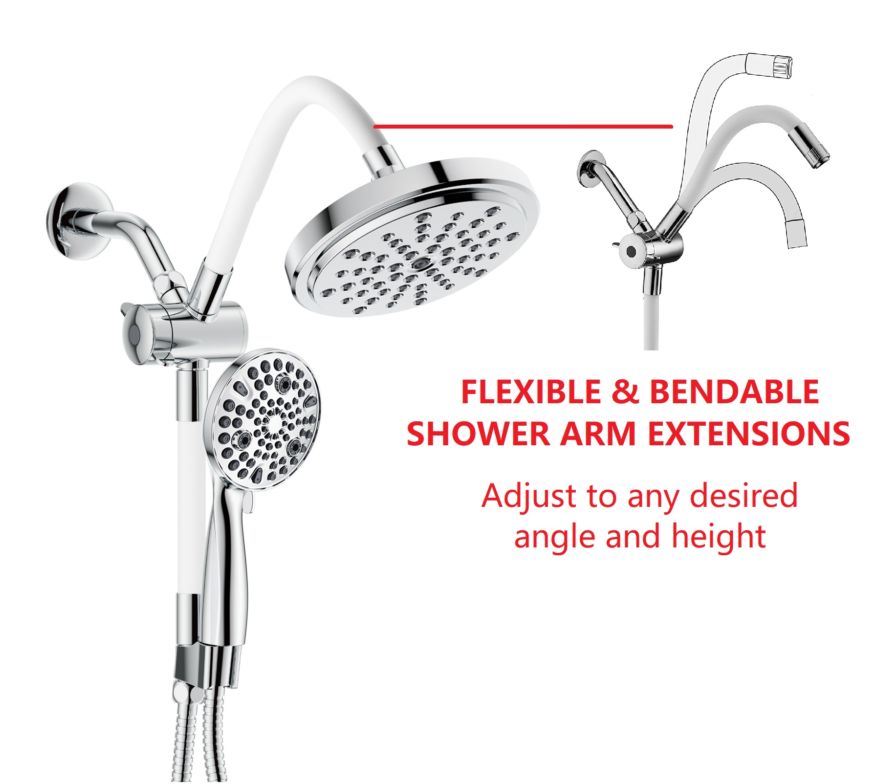 Ana Bath Dual Shower Heads with TWO FLEXIBLE/BENDABLE SHOWER ARM EXTENSIONS - 7" 2-in-1 Rainfall Shower + 10-Spray Settings Hand Showerhead w/Power Jet Clean and Pause Mode (Chrome)