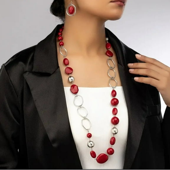 Clip on long silver and red bead necklace and earring set