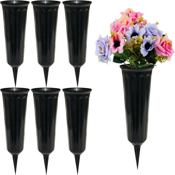 Set of 4 Memorial Floral Vases with Stake, Cemetery vases for grave, Headstones Flower Holder, Grave Cone Vase, Flower Pots for Outdoor Plants, Decorative Plastic Containers (Black)