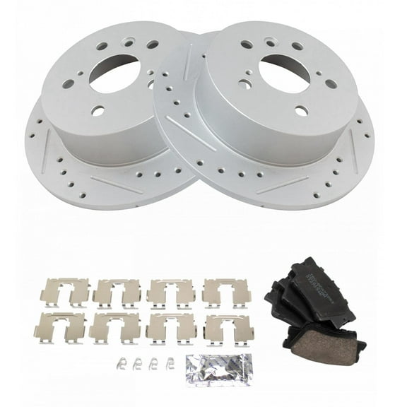 TRQ Rear Performance Brake Pad & Rotor Kit Brake Pads Brake Rotors Set Ceramic Premium G-Coated Fits Select 2013-2018 Lexus ES300h ES350 Toyota Avalon 2012-2017 Camry