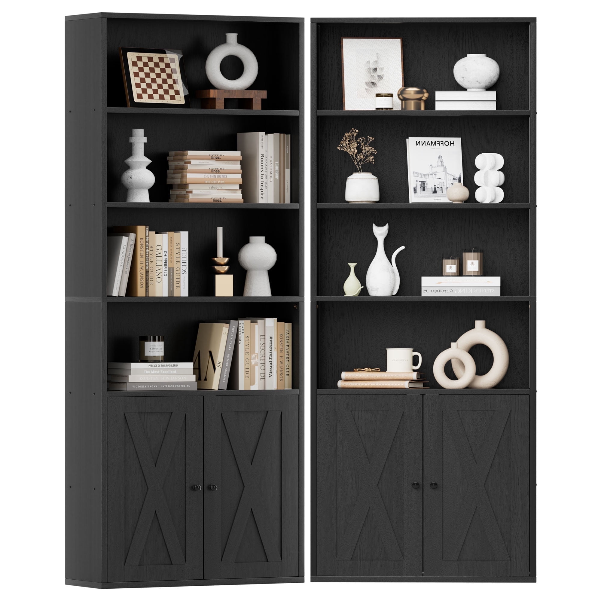Walsunny 2PCS Bookcase with Doors, 6-Tier Bookshelf with Storage, Farmhouse Bookshelves with Cabinet, Storage Display Shelf for Living Room Home Office, Black