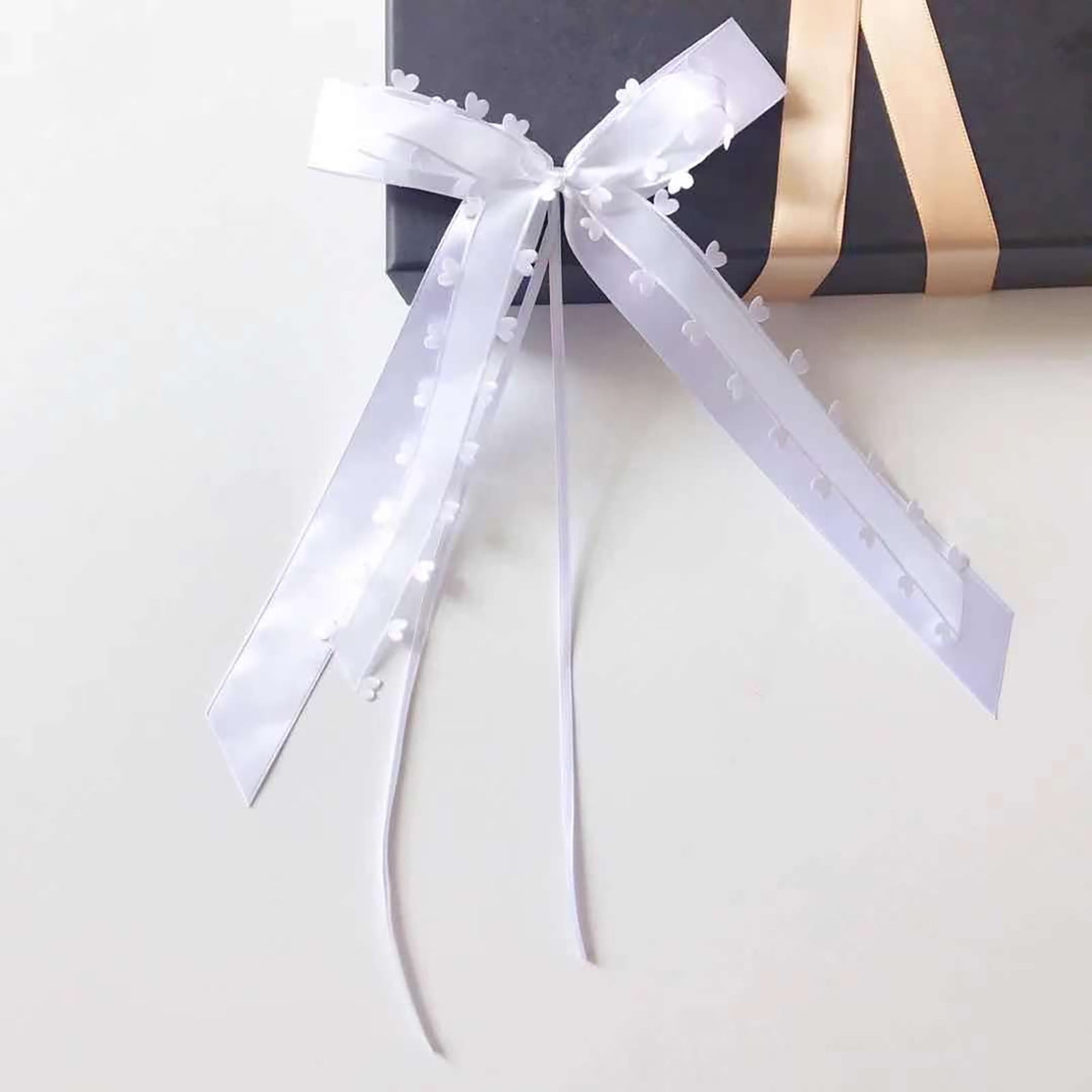 Lot De 12 Nœuds Blancs Pour Voiture De Mariage - Décoration Polyester Avec Cœurs - Pour Antenne, Rétro, Poignée - 3
