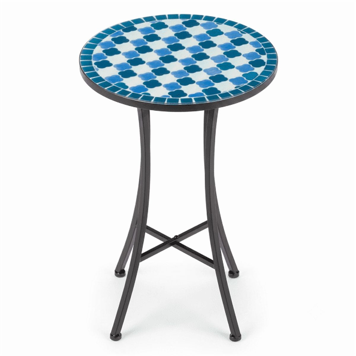 14 inch Side Table, Round Iron Top End Table, Indoor Outdoor Accent Table, Blue & White Checkered Mosaic