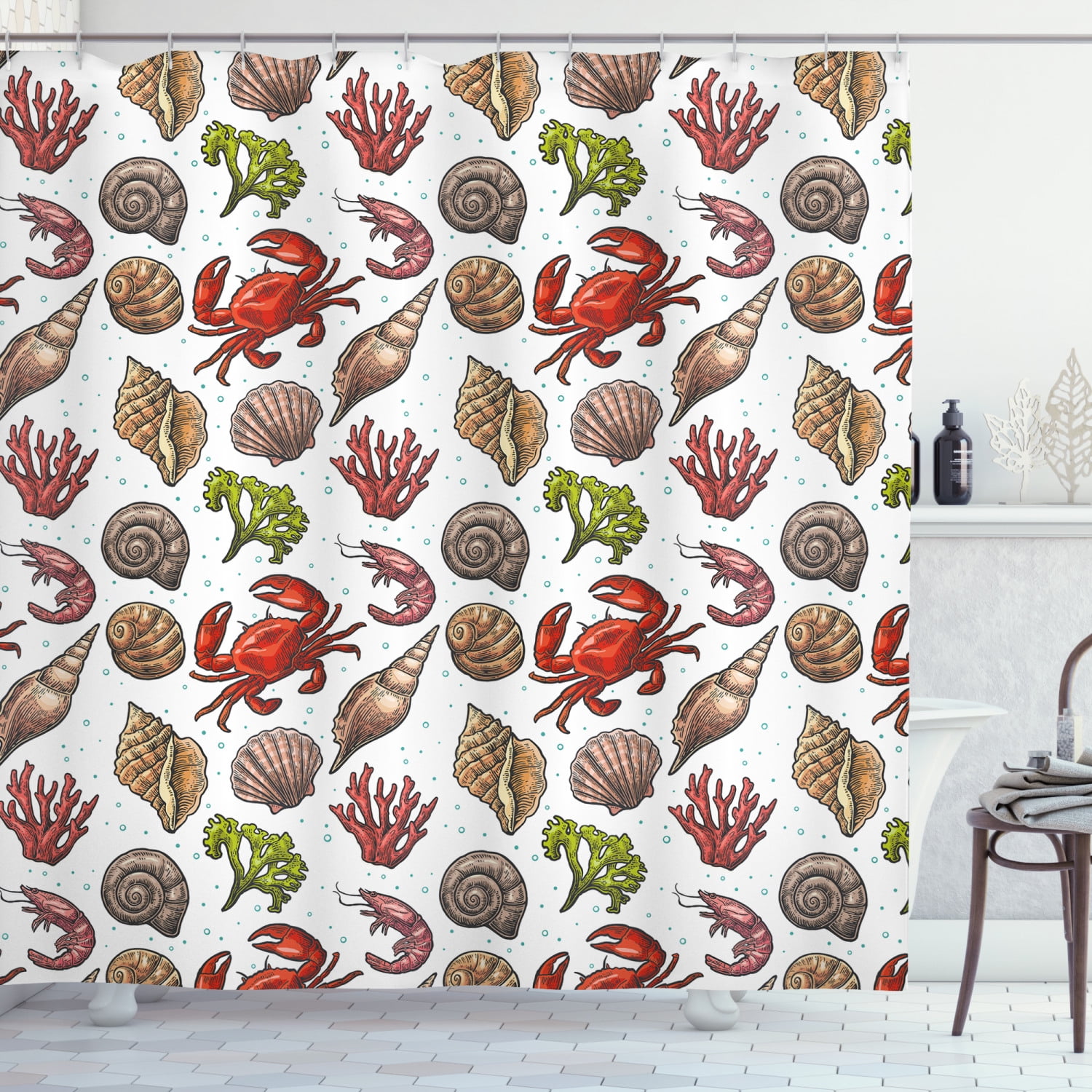 Sea Shells Shower Curtain, Maritime Pattern Shrimp Crab and Coral