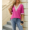 thumbnail image 6 of Women's Casual 3/4 Sleeve Shirts Lace V Neck Color Block Dressy Tops Trendy Hollow Floral Blouses T Shirts S-XXL, 6 of 13