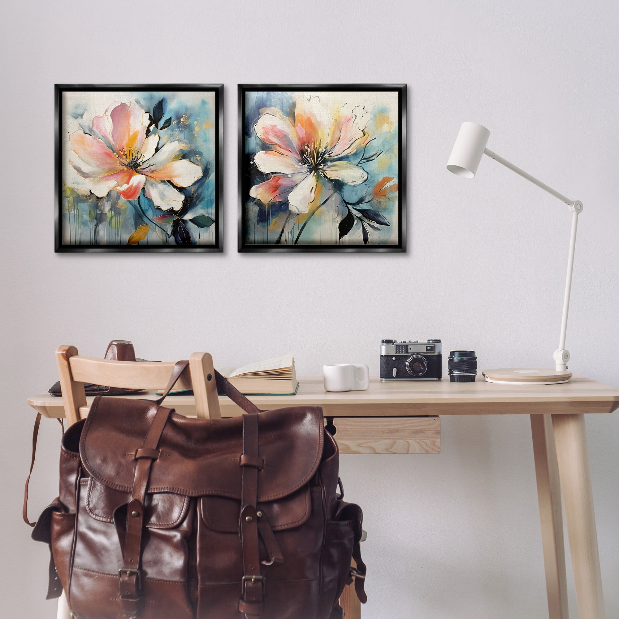 Stupell Industries Modern Dripping Blooms Botanical & Floral Painting Black Floater Framed Canvas Art Print Wall Art, 18 x 18, Set of 2
